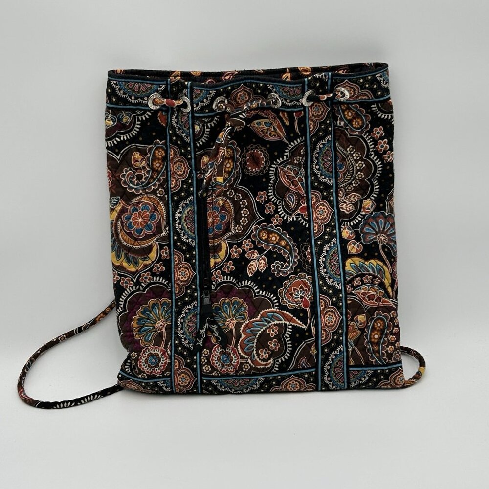VERA BRADLEY Kensington Quilted Paisley Back Sack Bag Black Floral Purse